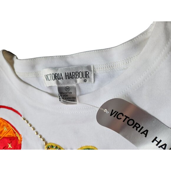 Vintage Victoria Harbour Purse Theme Tee, Beaded Embroidered White Cotton Shirt - Picture 2 of 5